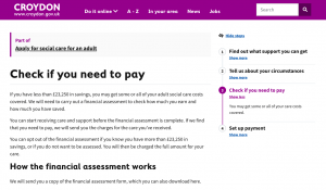 Screenshot of the step by step design, showing the third step to apply for social care is "Check if you need to pay", with other steps listed to the right side