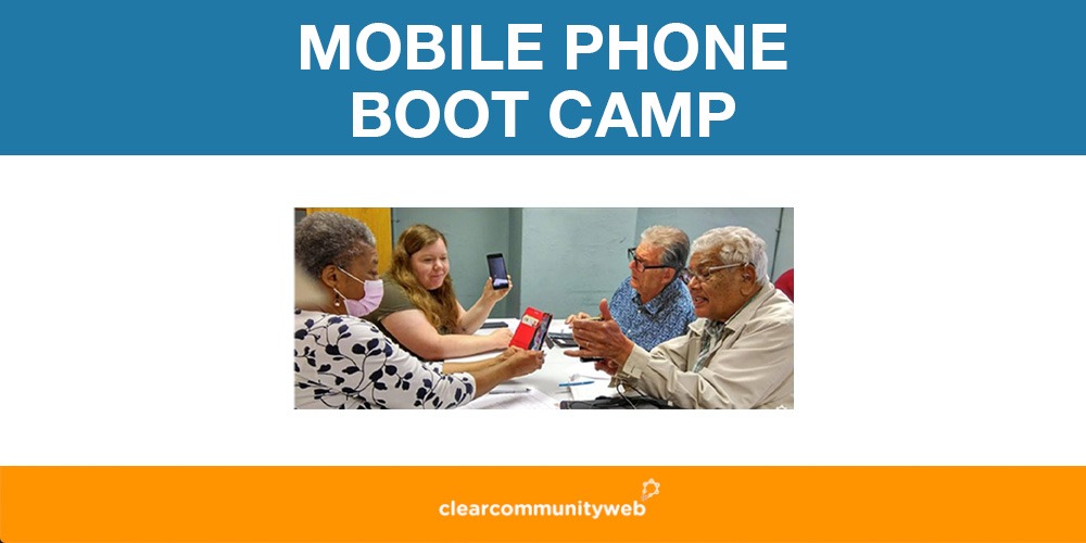Mobile phone boot camp image with four people sitting around a table chatting and looking at their mobile phones