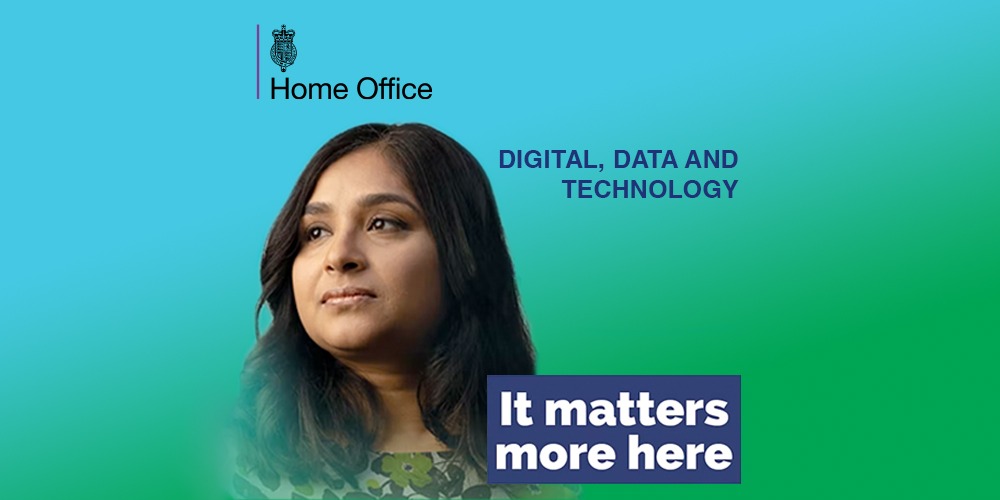 Home office logo on top of and image with a woman looking to the left and overlaying text that says digital, data and technology and it matters more here