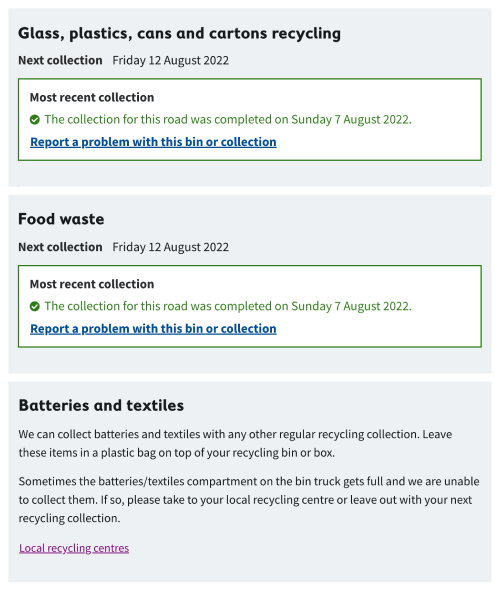 Screenshot from the new bin-day service, including being able to report a problem with the collection. 